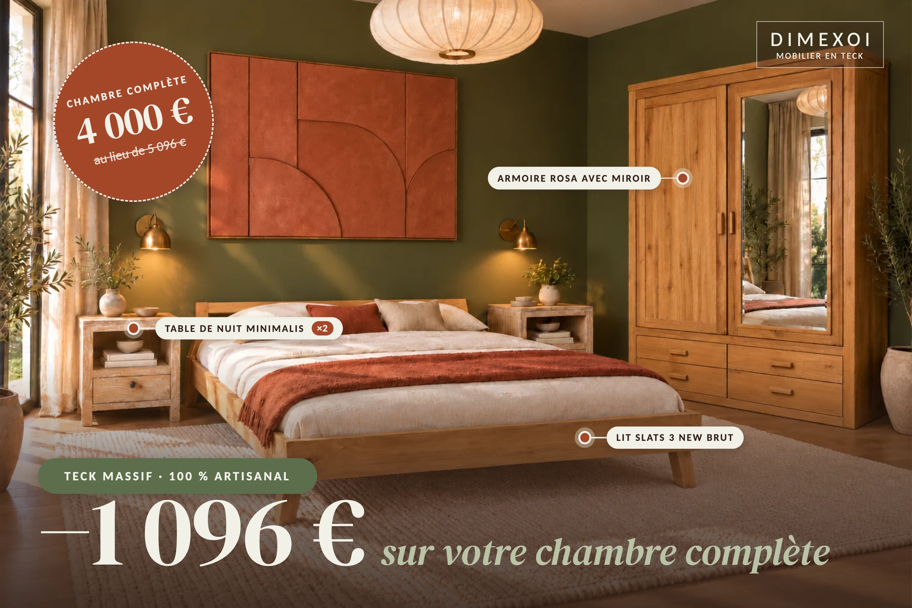 Offre chambre complète : lit Slats 3 New en teck brut, armoire Rosa avec miroir et deux tables de nuit Minimalis, 4000 € au lieu de 5096 € au showroom DIMEXOI de Saint-Pierre