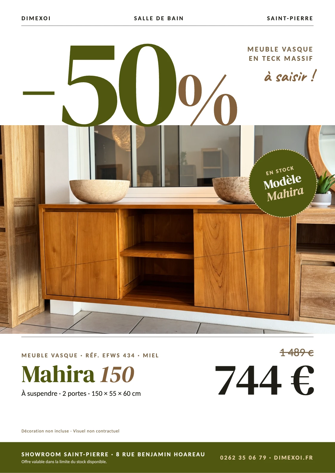 Offre 50 % : meuble vasque Mahira 150 à suspendre, 744 € au lieu de 1489 €, en teck massif au showroom DIMEXOI de Saint-Pierre