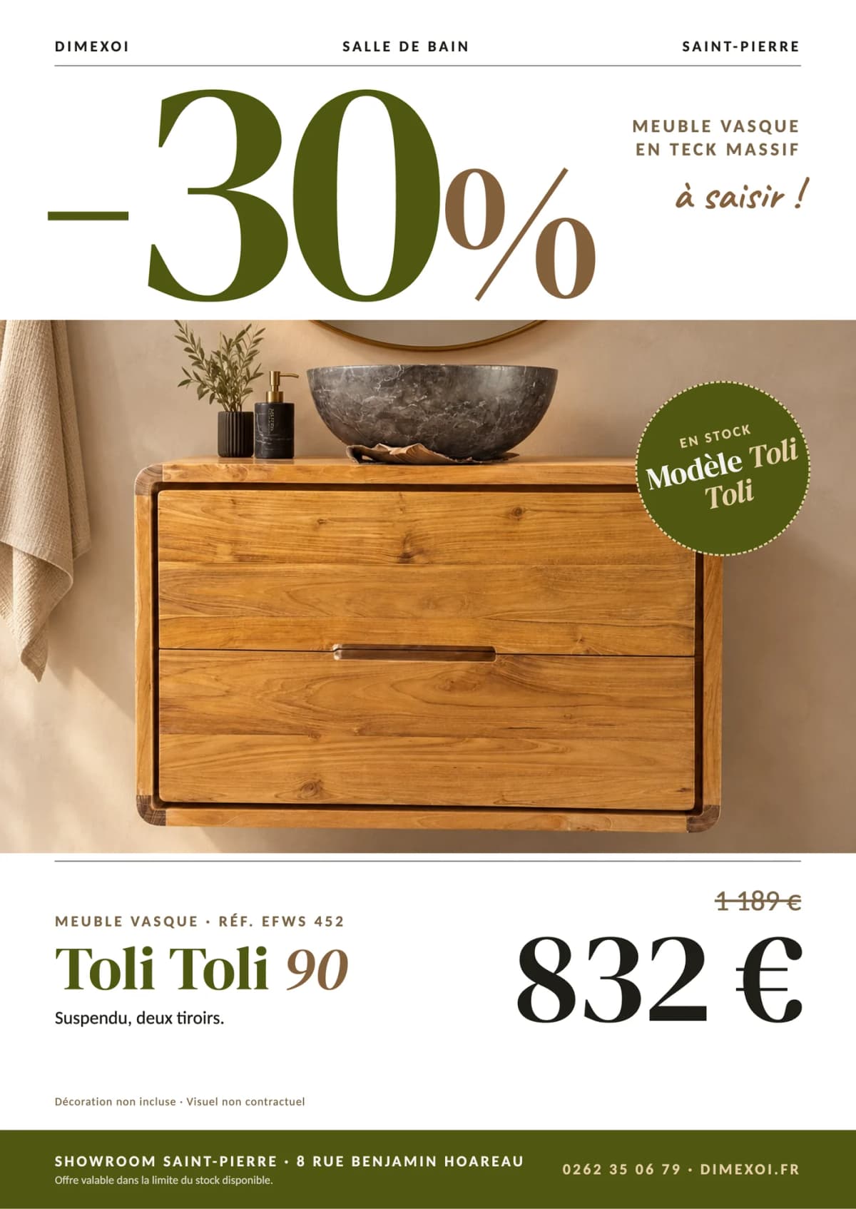 Offre 30 % : Meuble vasque Toli Toli 90, 832 € au lieu de 1189 €, en teck massif au showroom DIMEXOI de Saint-Pierre